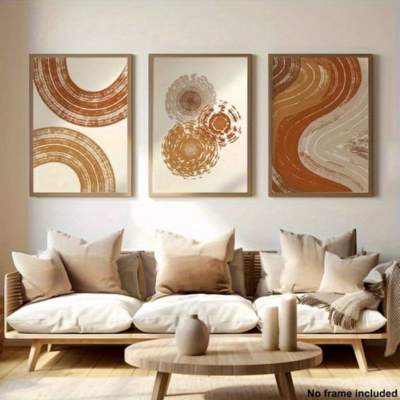 [2D Flat] 3pcs Abstract Geometric Canvas Art Prints - Tree Stump Ring Designs in Brown, Beige & White, Unframed Modern Wall Decor for Living Room, Bedroom, Hallway - Ideal Holiday Gift, Wall Decor