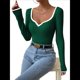 thumbnail image 1 of Camiseta de Larga con Escote Corazón para Mujer, de Punto Acanalado y Ribete en Contraste. Verde L, 1 of 8