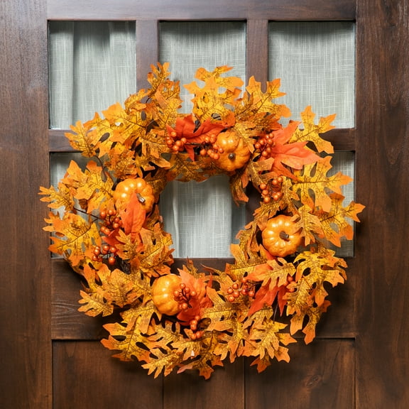 Northlight Autumn Leaves Pumpkins and Berries Artificial Fall Harvest Wreath - 22"