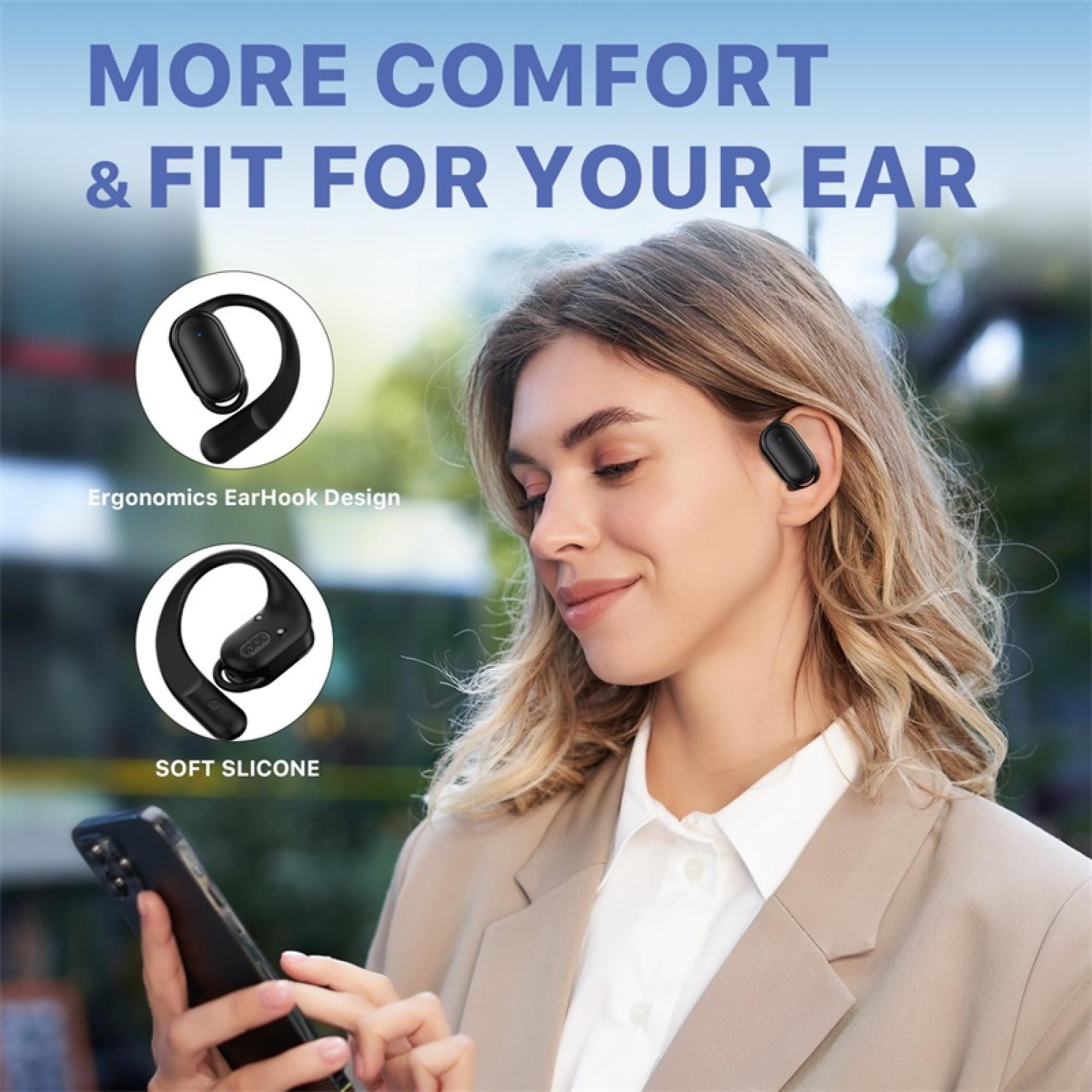 Open-Ear Wireless Earbuds – Ultra-Lightweight True Wireless Design, Secure Fit with Charging Case – Black