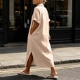 thumbnail image 5 of Sokhug Womens Maxi Shirt Dress Cotton Blend Short Sleeve Button Down Dress with Pockets Side Split Loose Casual Dresses, 5 of 6