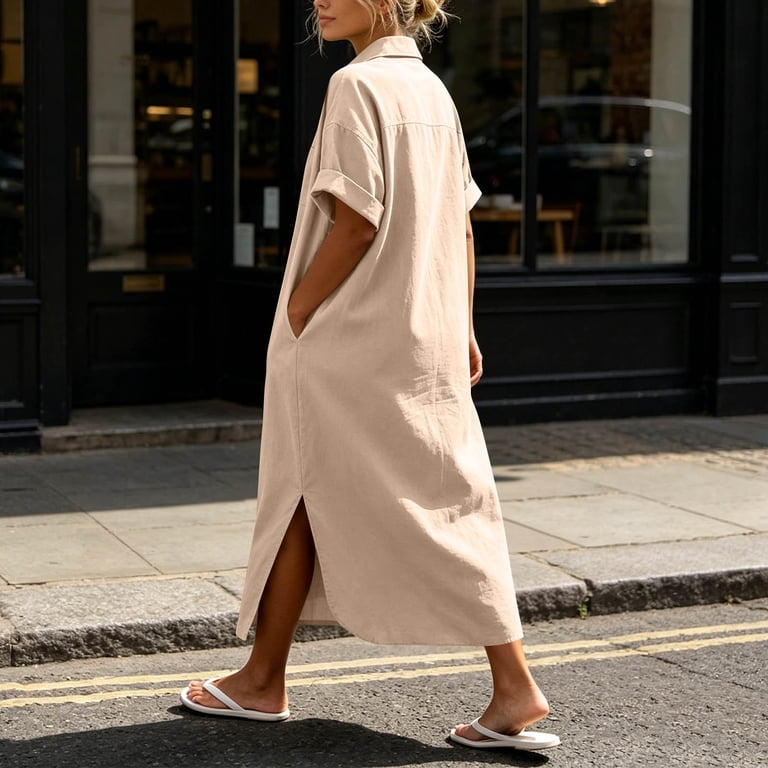 easter dresses casual Karymi Easter Dresses for Women Cotton Linen Button Down Shirt Dress, Casual Solid Maxi Dress with Rolled Short Sleeves, Side Split & Chest Pockets,