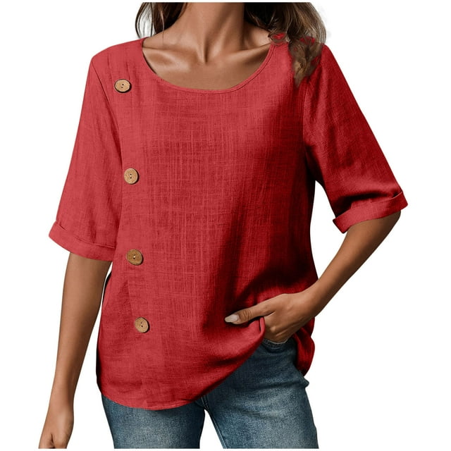ABATAB Womens Round Neck Cotton Linen Shirts Lightweight Half Sleeve Casual Business Work Blouses Soft Loose Fit Button Tops(Small,Red)