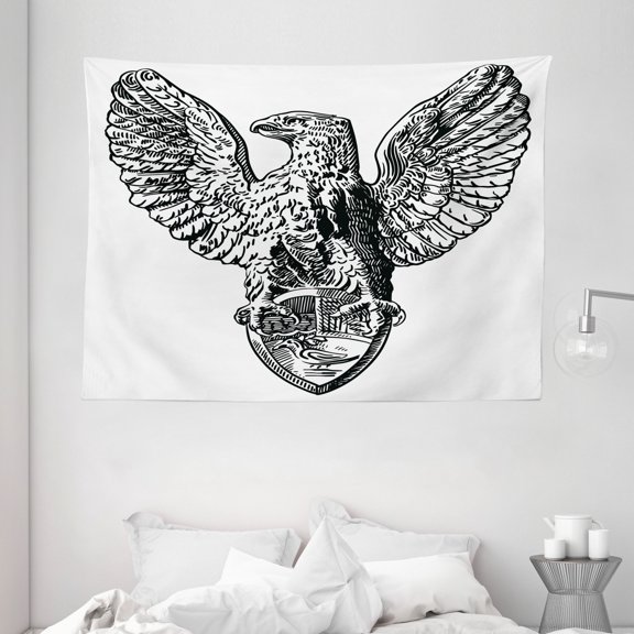 Vintage Tapestry, Italian Rome Heraldry Eagle Statue Pattern European Empire Heritage Culture Print, Wall Hanging for Bedroom Living Room Dorm Decor, 80W X 60L Inches, Black White, by Ambesonne