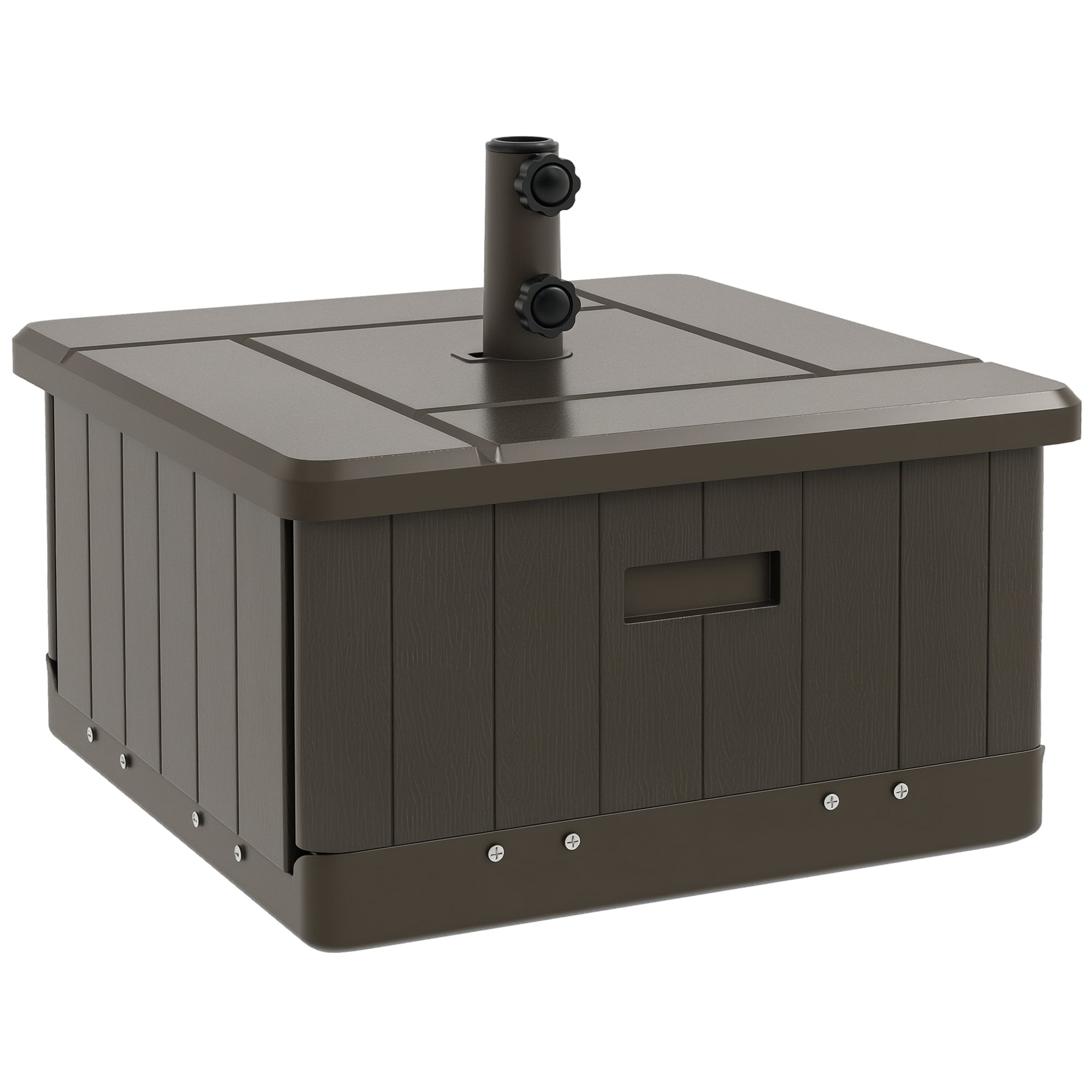 Outsunny 3-in-1 Outdoor Umbrella Base with Wheels and Handles, Coffee End Table, Flower Box Planter with Hole, 175 lbs. Capacity, Brown