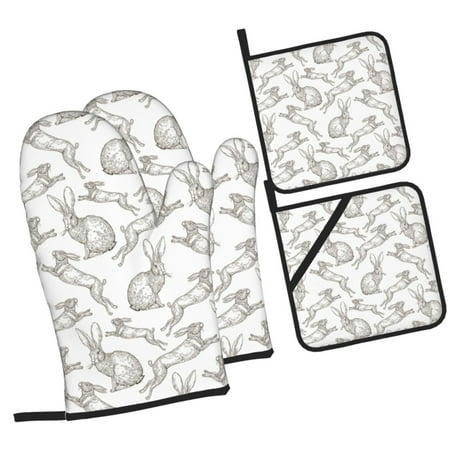 

Sikiie Hand Drawn Rabbit Oven Mitts and Pot Holders Silicone Oven Gloves Heat Resistant Oven Mitts 4Pcs Set