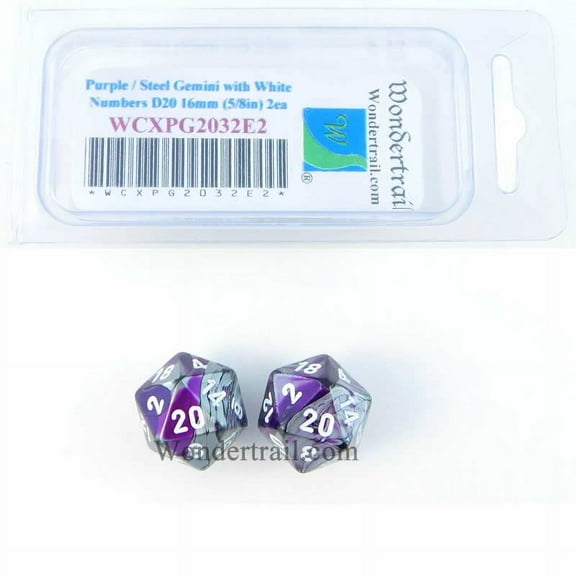 Purple and Steel Gemini Dice with White Numbers D20 Aprox 16mm (5/8in) Pack of 2 Wondertrail