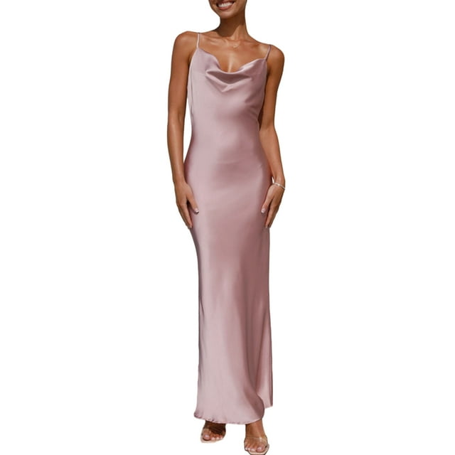 Faithtur Robe Longue Moulante pour Femmes Couleur Unie Bretelles Spaghetti Col Bénitier Robe Sans Manches Été Dos Nu Cami Robe