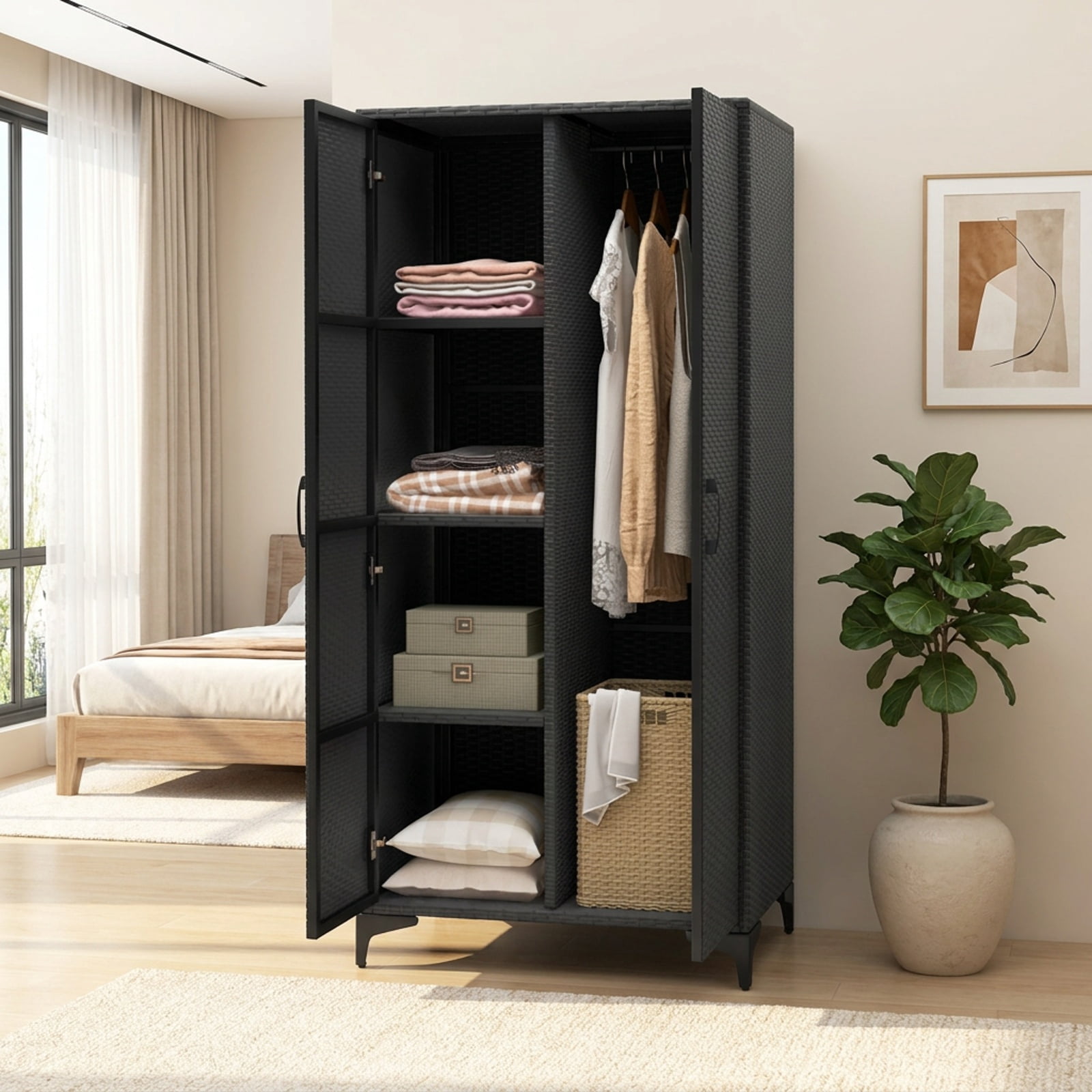 Furnibear 62 Inch Wicker Wardrobe with 2 Doors PE Rattan Closet with Hanging Rod for Bedroom Closet Clothes Wardrobe Storage Hanging, Black
