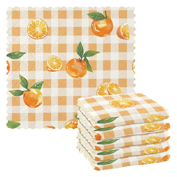 Kitchen Dish Towels Soft Absorbent Dish Cloths 11"x11" Orange on Gingham 6 Packs
