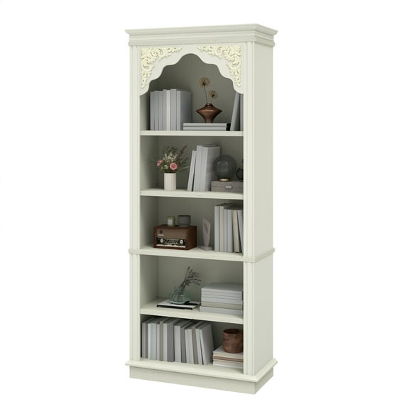 Craftian 5-Tier Bookcase, Vintage Arched Tall Bookshelf with Adjustable Shelves, White Open Display Rack, 23.6"