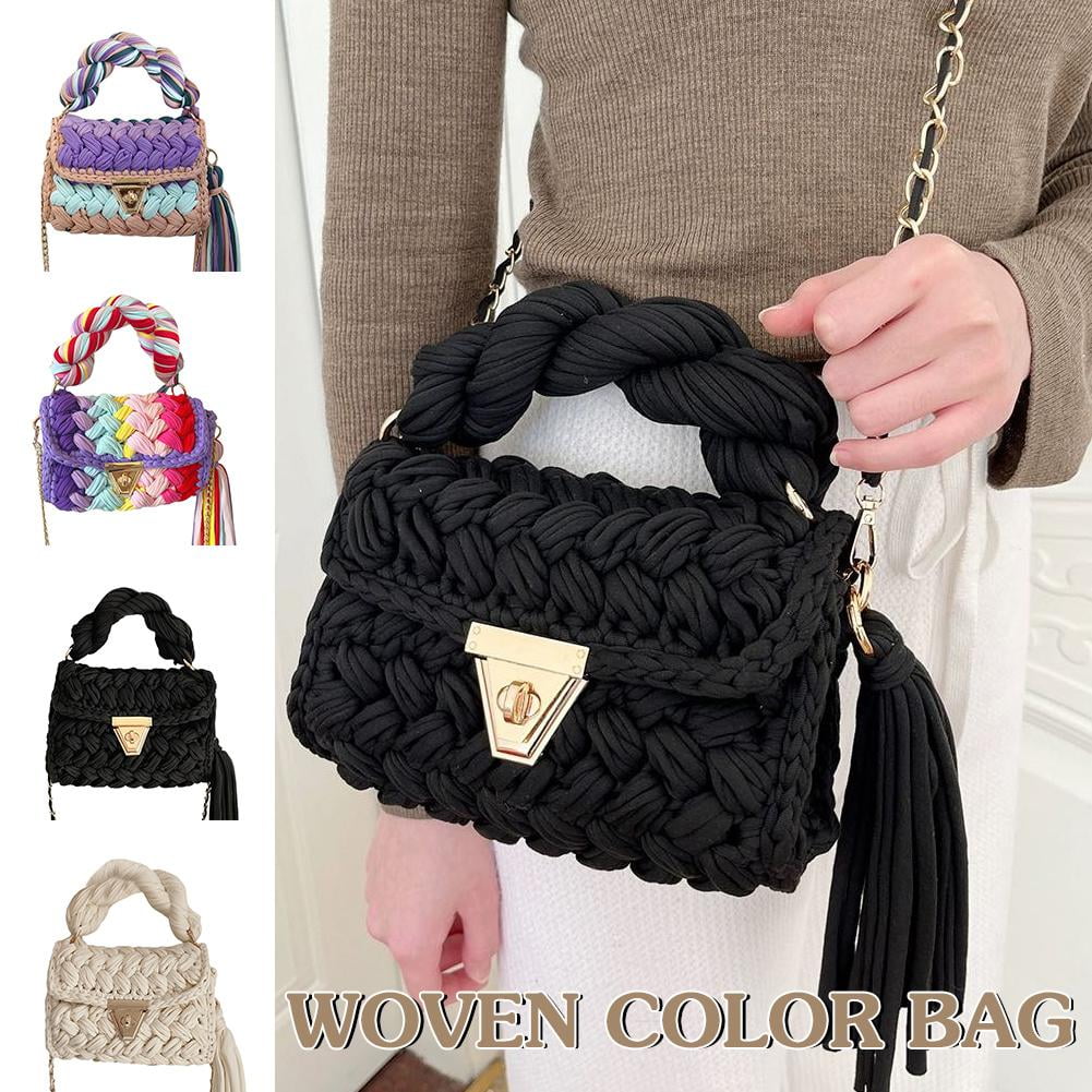 Fashion Colorful Crochet Women Handbag Tassel Thick Rope Woven Shoulder Bags= C9O7