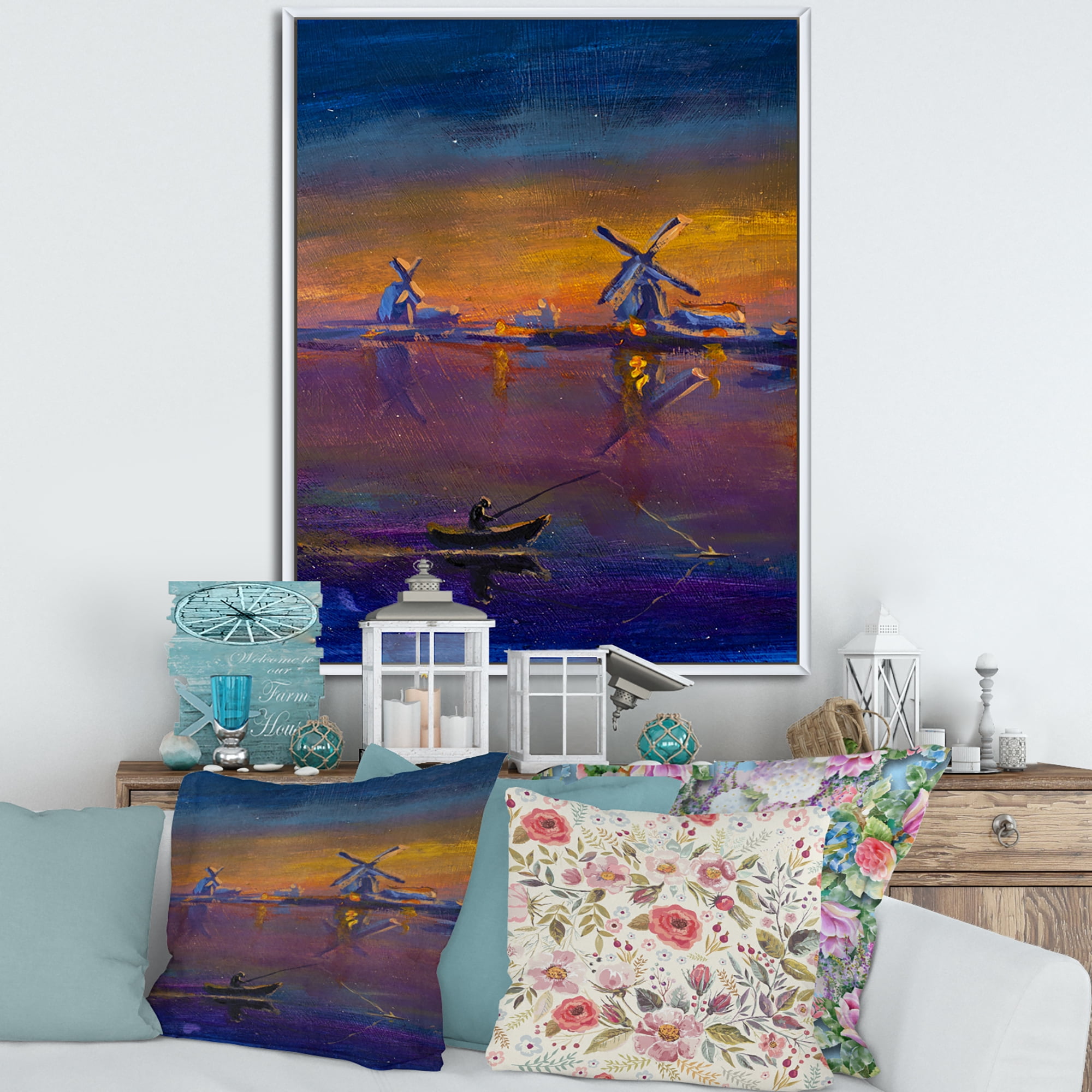 Evening Fishing Near The Traditional Windmill 30 in x 40 in Framed Painting Canvas Art Print, by Designart
