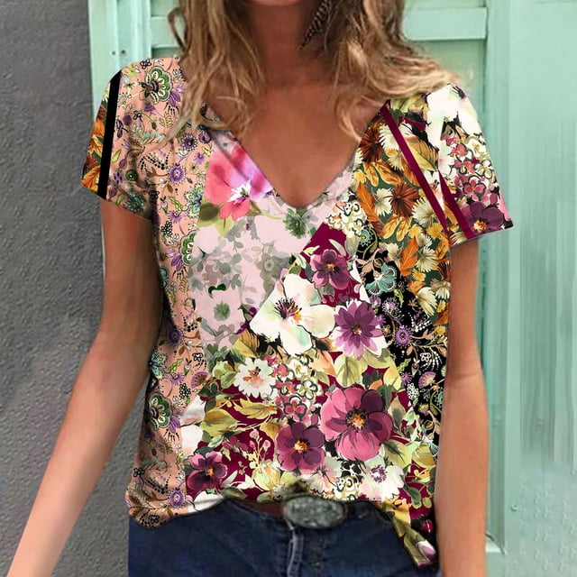 Drppepioner 2024 T-Shirts Tendance d'Été pour Femmes Femmes Blouse Imprimée d'Été T-Shirts Décontractés à Col en V à Manches Courtes T - Hauts Multicolore 12(TG)