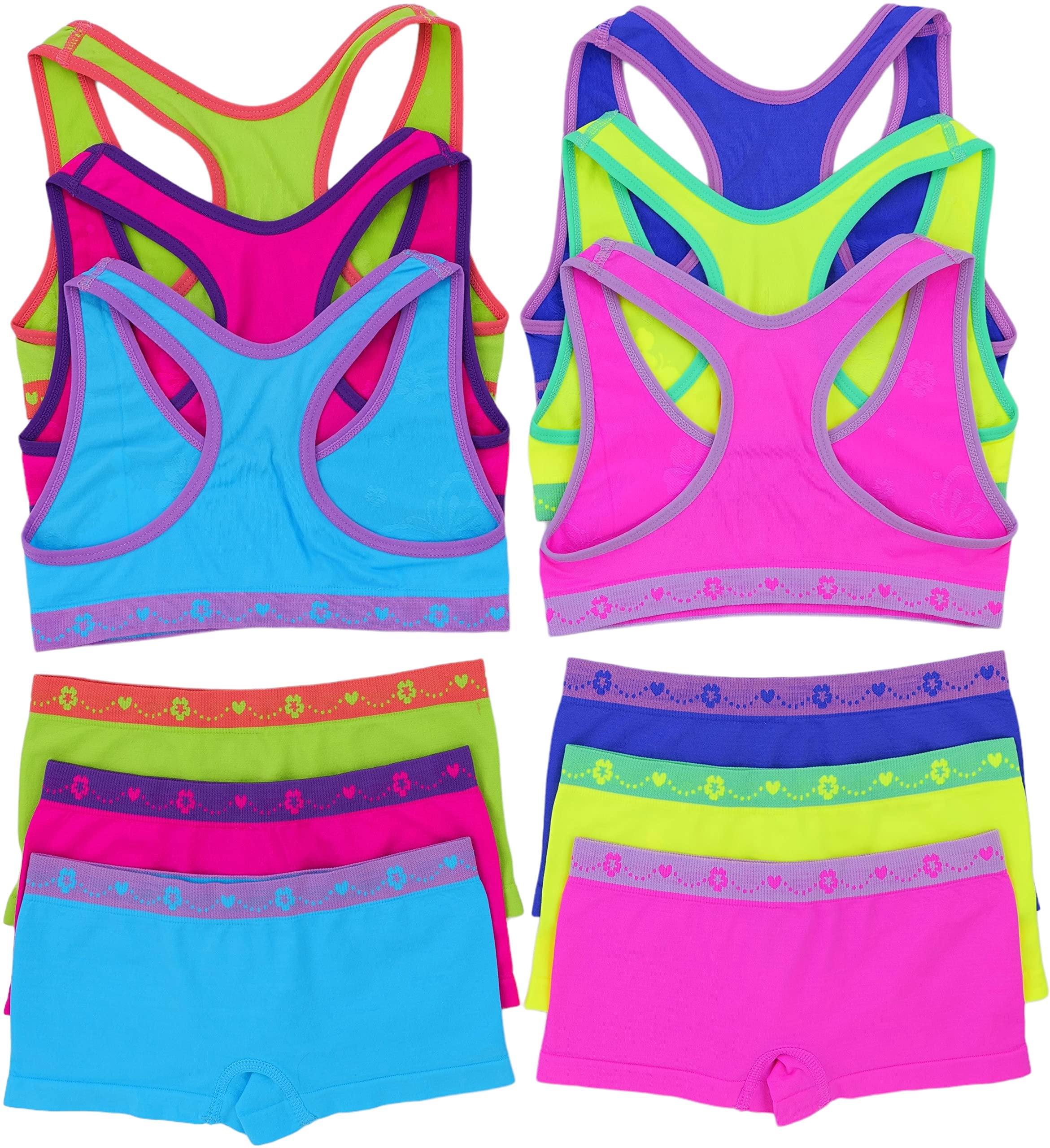 ToBeInStyle Girl's Pack of 6 Racerback Training Bra Tops & Matching Boyshort Bottoms - Anemone Princess - Large