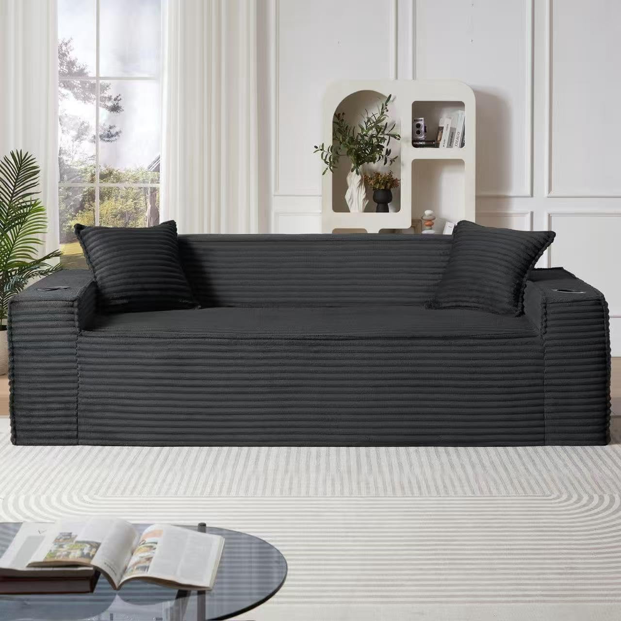 80.7" Boneless Sofa Couches with Cup Holder,3 Seat Couch with Side Pocket, Cloud Couch for Compact Living Rooms, Apartments，Dark Grey