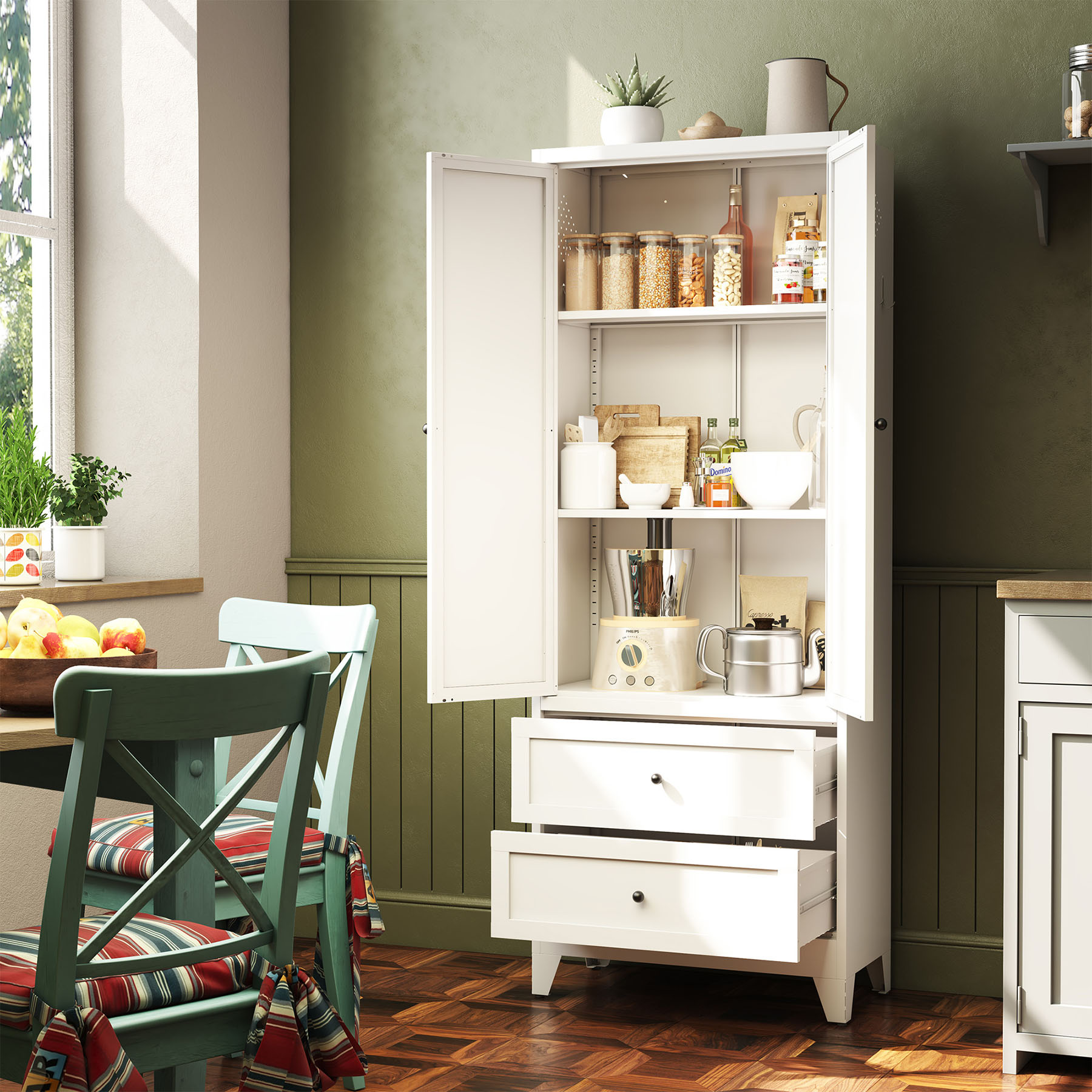 S-HOME Heavy-Duty 72 Inch White Pantry Cabinet with 2 Drawers, Freestanding Kitchen Organizer with Adjustable Shelves and Spice Storage