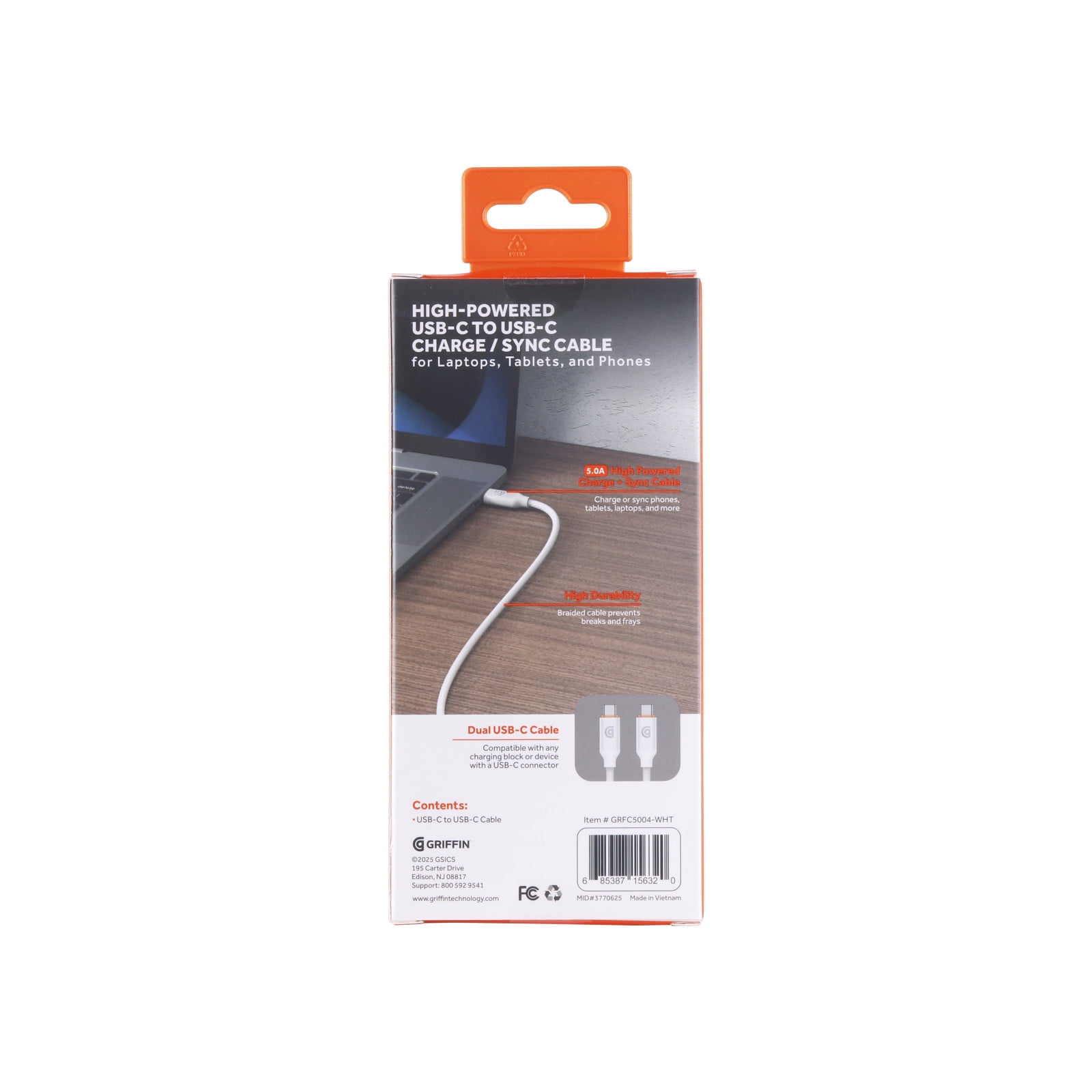Griffin 10FT High-Powered USB-C to USB-C Charge & Sync Cable - Fast Charging for Laptops, Tablets, Phones, USB-C Cable, Durable Braided Cable, Universal Compatibility, 240W Power Delivery