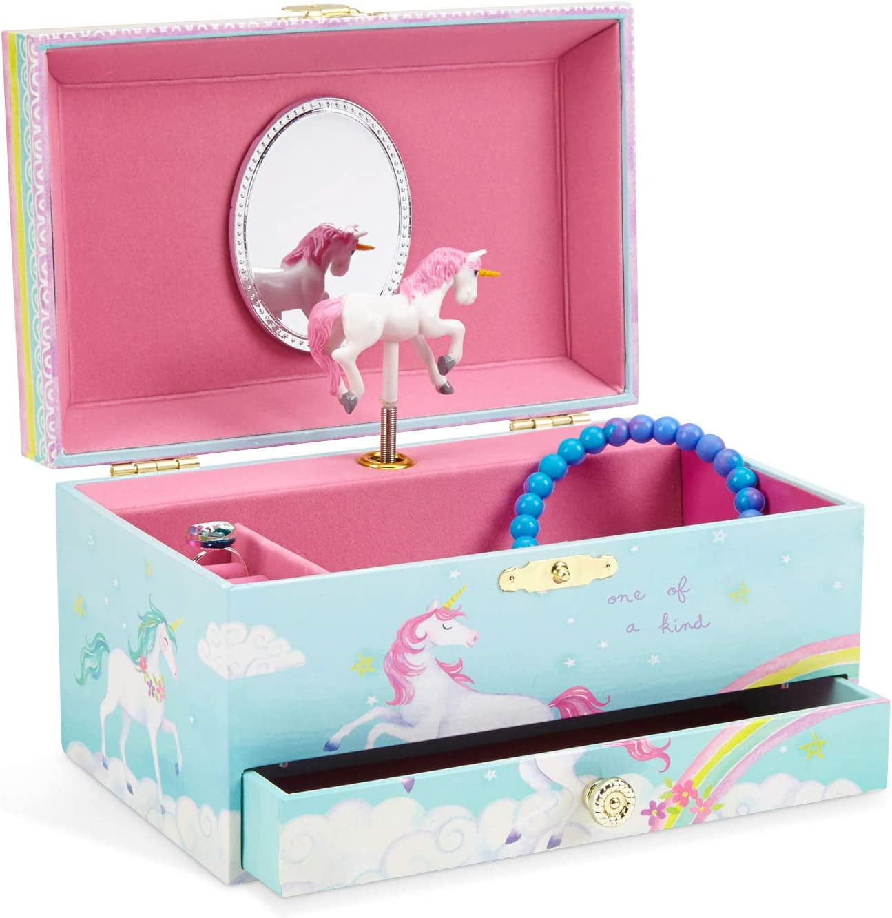 Girl's Musical Jewelry Storage Box with Pullout Drawer, Rainbow Unicorn Design,The Unicorn Tune