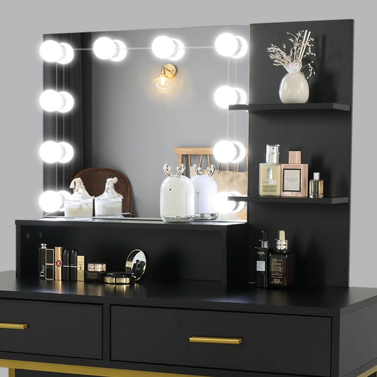 black metal dressing table mirror Gymax 7 Drawers Vanity Set Dressing Table w/ Tri-Folding Mirror Black - Bed Bath & Beyond