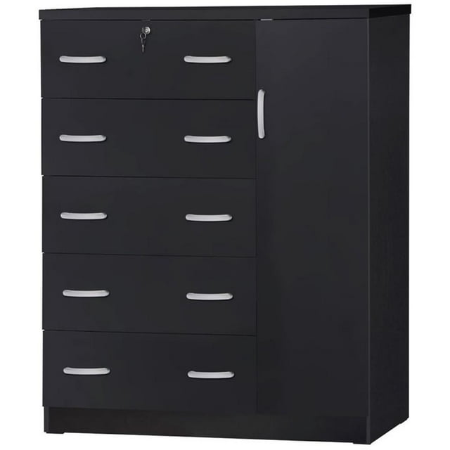Pemberly Row Modern 5 Drawer Wooden Tall Chest Wardrobe in Black