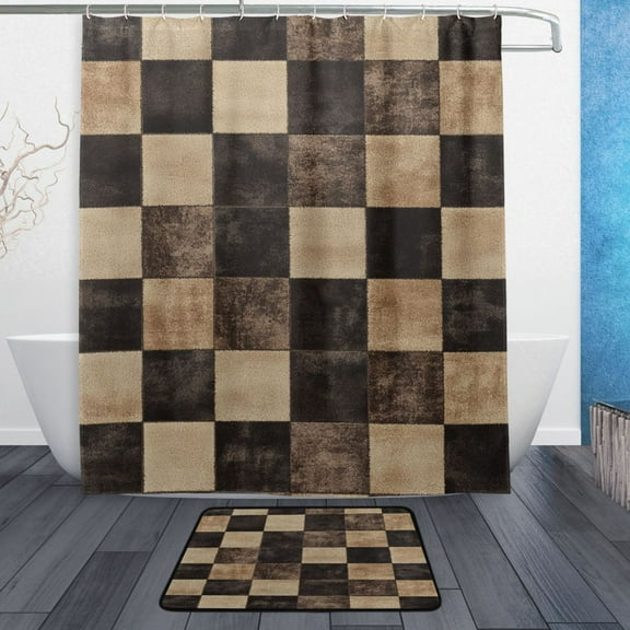 Bath Curtain & Non-Slip Bath Mat Set 12-Grommet Shower Curtain Memory Foam Bath Rug Brown and Black Tartan