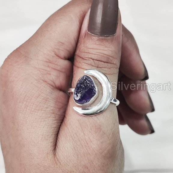 Natural Amethyst Ring, Rough February Amethyst Ring, Crescent Moon Adjustable Ring, 925 Sterling Silver, Womens Ring, Christmas, Thanksgiving, Handmade, Statement Jewelry, Rough Gemstone Jewelry