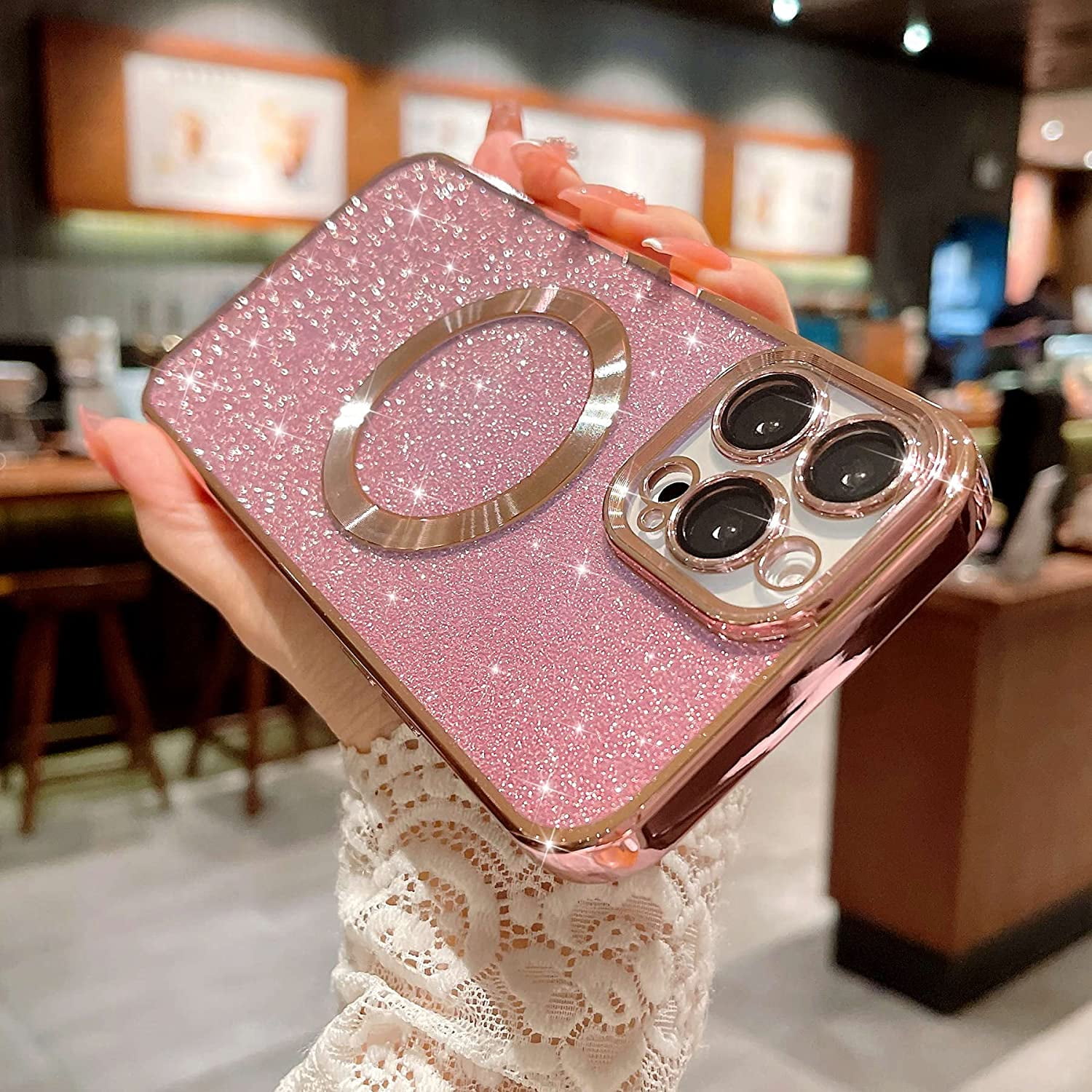 Reownest Cover Trasparente per iPhone 16 Pro Max,Custodia Bling in Cristallo con Protettore per Fotocamera con Brillantini,Carina Custodia Scintillante Antiurto -Oro