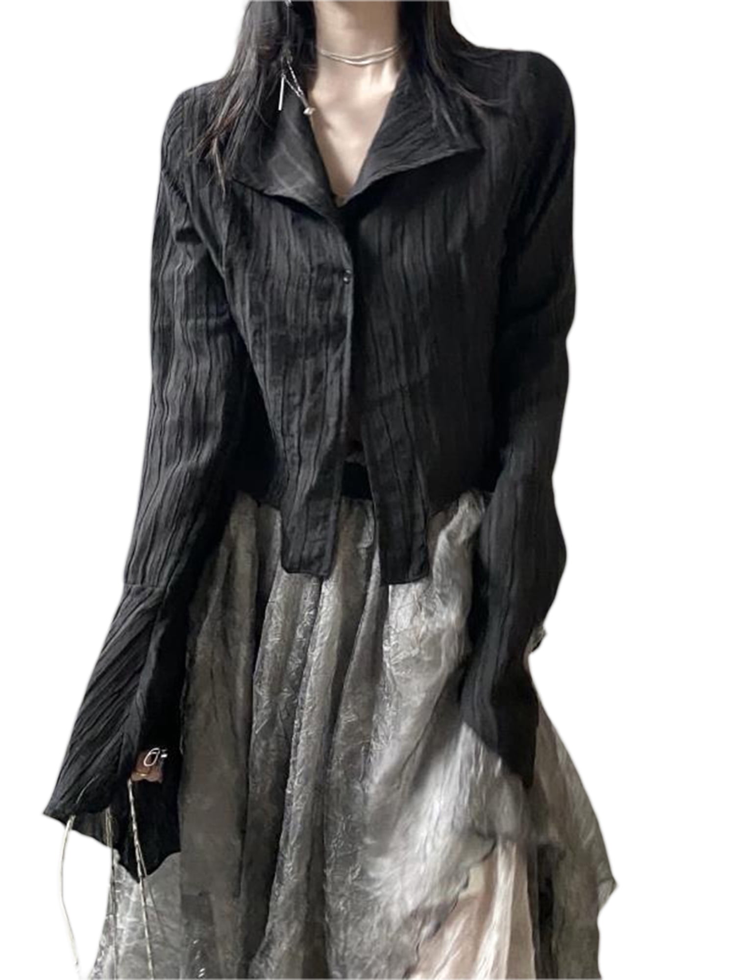 Vintage Gothic Style Shirts Flared Long Sleeve Lapel Neck Button Down Ruched Black Shirt Tops Emo Grunge Clothes Walmart Com