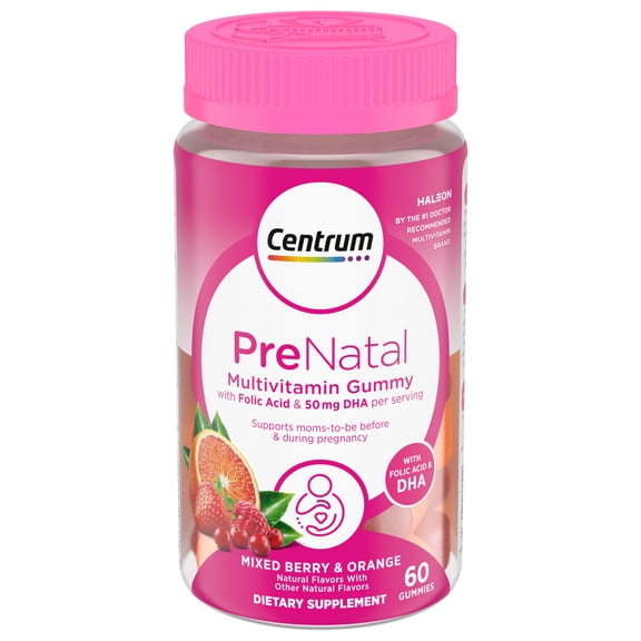 Centrum Prenatal Gummy Vitamins With Dha and Folic Acid, Mixed Berry and Orange, 60 Count