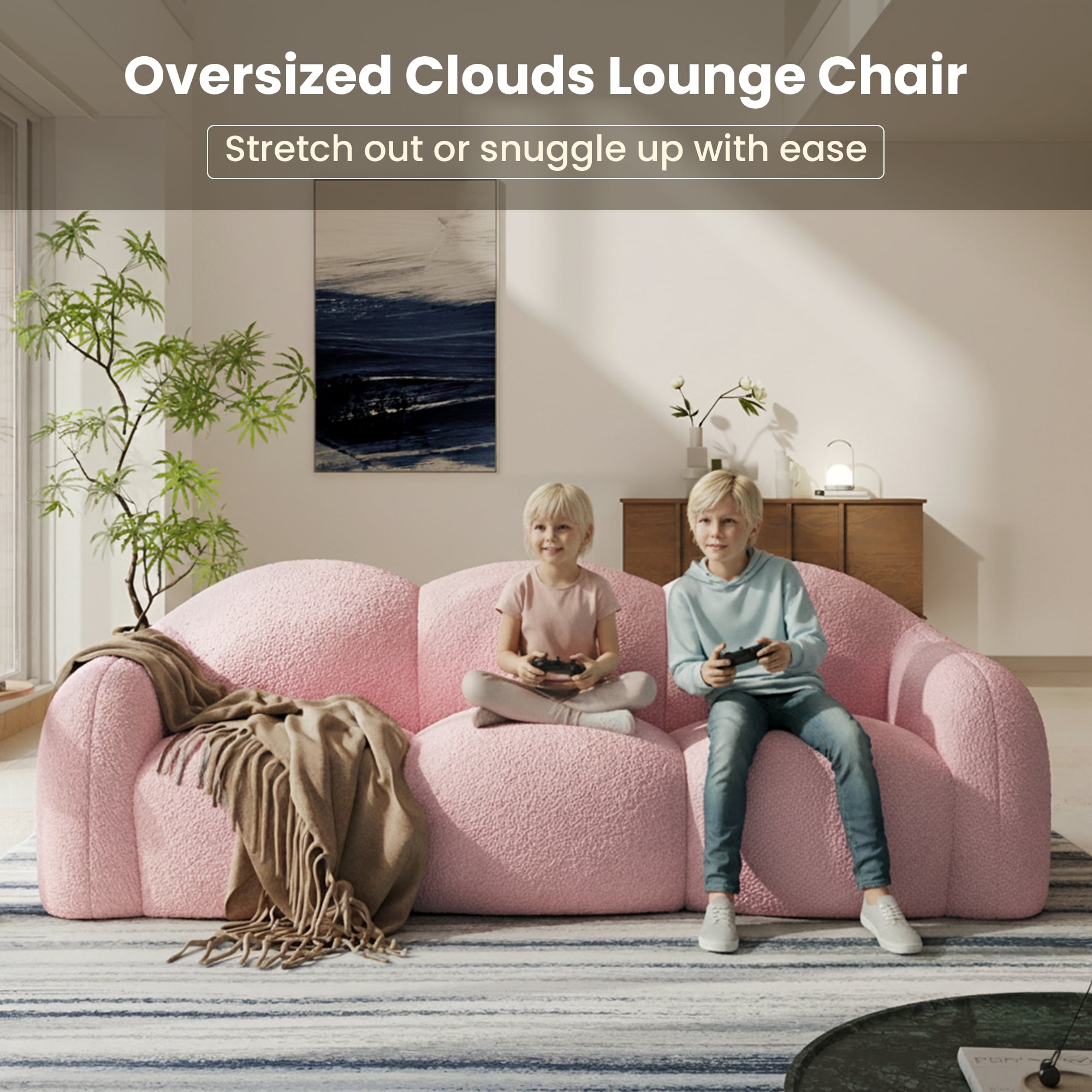 The Magic Home 90" Modern Cloud Couch for Living Room, Boucle LoveSeat 3 Seater Sofa, Plush Floor Sofa Couch for Bedroom, Apartment, Small Space (Pink Couch, No Assembly Required)