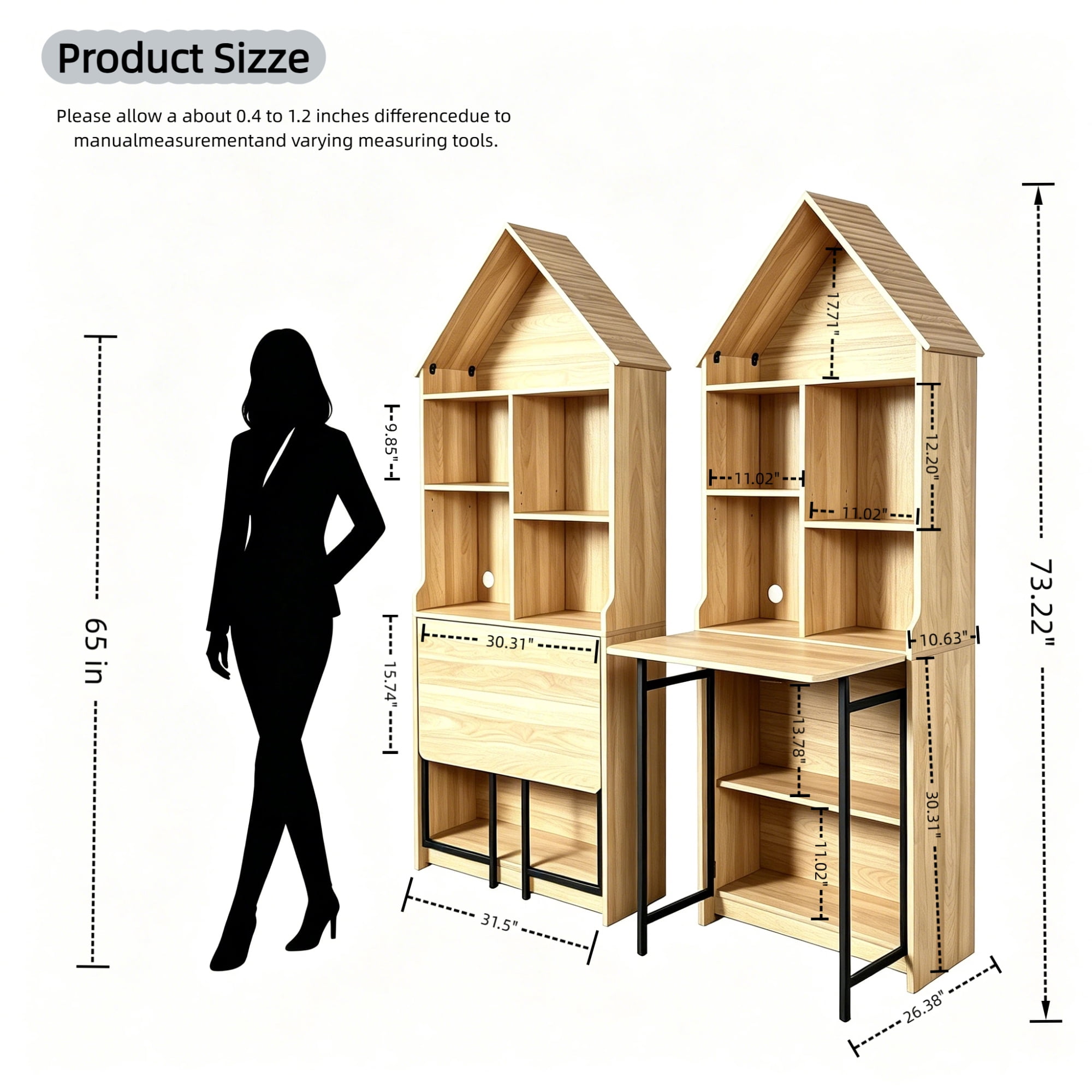 Leumius Folding Craft Desk with Storage Shelves, Convertible Hideaway Desk to Bookshelf, Foldable Desk with Storage, Disappearing Desk for Living Room Home Office Natural