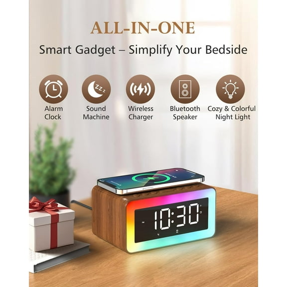 Digital Alarm Clock with  Speaker, Wireless Charging & Night Light, Vintage Wood Design for Bedroom Gifts