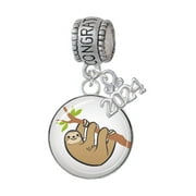 Delight Jewelry Silvertone Domed Sloth Congratulations Charm Bead Dangle with Mini Year 2024