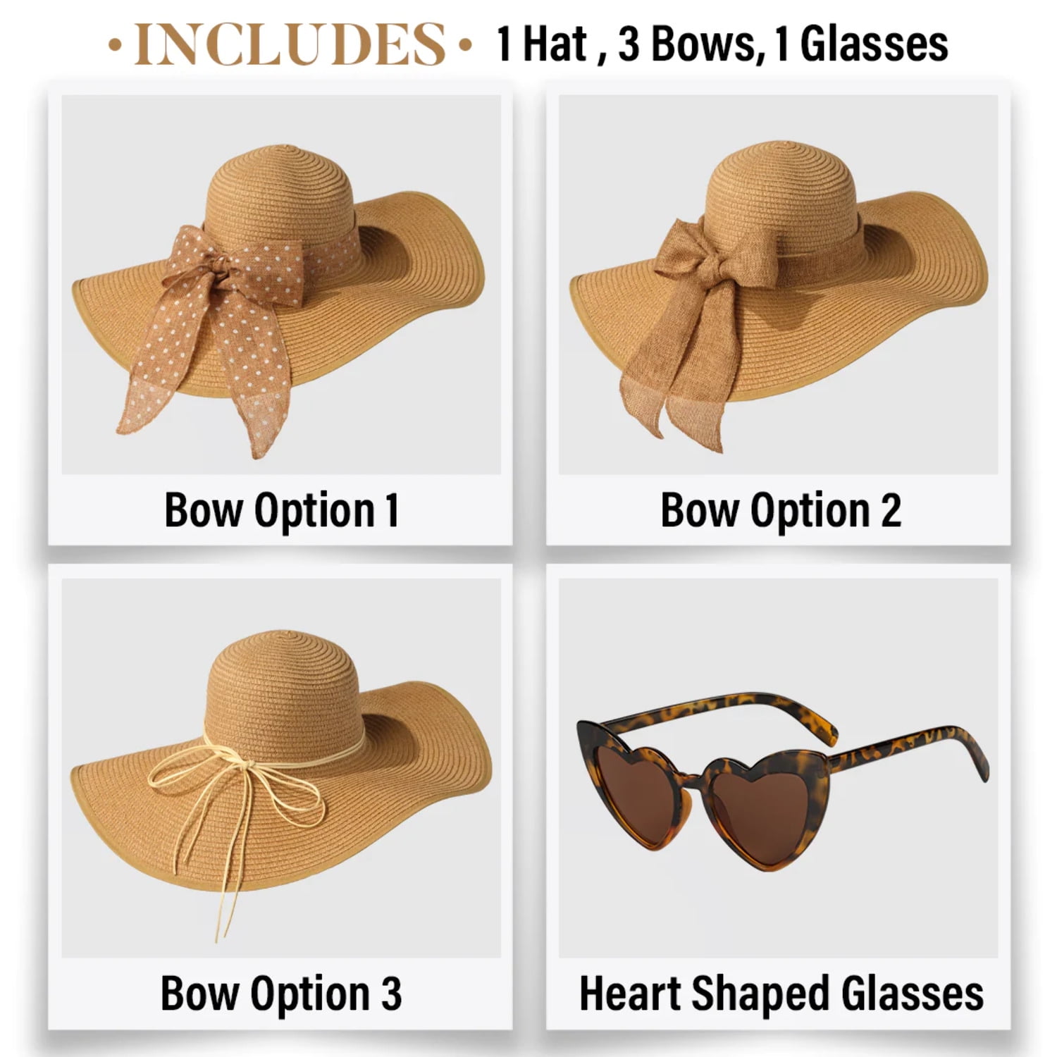 Funcredible Wide Brim Sun Hats for Women - Floppy Straw Hat with Heart Glasses