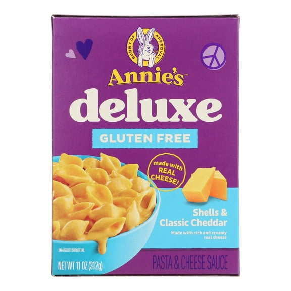 Annies Homegrown Rice Pasta Dinner - Creamy Deluxe - Rice Pasta and Extra Cheesy Cheddar Sauce - Gluten Free - 11 oz - case of 12