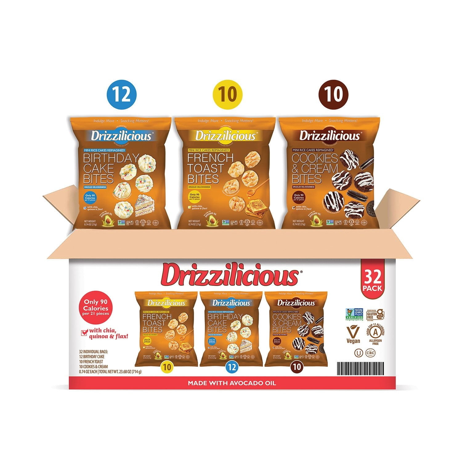 Drizzilicious Mini Rice Cake Bites Variety Pack, 0.74 Ounce (Pack of 32)