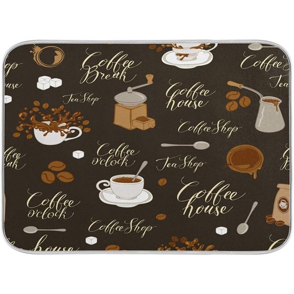 SKYSONIC Absorbent, Reversible Microfiber Dish Drying Mat for Kitchen, 16 Inch x 18 Inch Retro Tea And Coffee Theme Dishes Drainer Pads Drying Rack Pads Kitchen Counter Mat