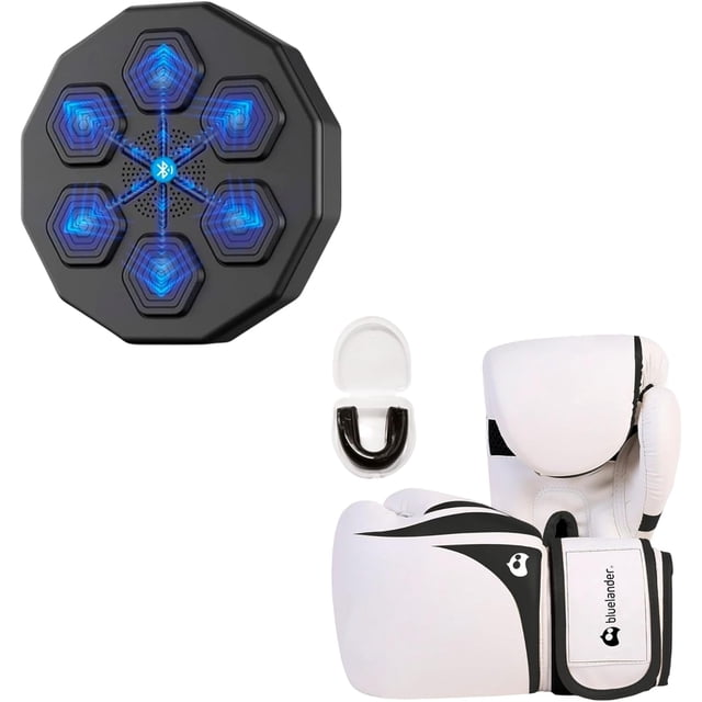 Kit de Máquina de Boxeo Musical y Guantes de Boxeo 16 Oz Bluelander con Protector Bucal, Blanco con Negro