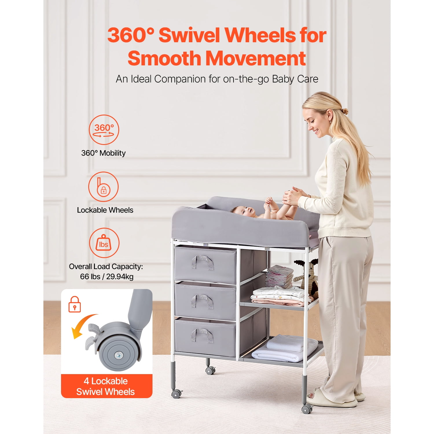KFFKFF Portable Diaper Changing Table with Adjustable Height, Storage Organizer, Lockable Wheels, and 3 Fabric Drawers, Gray