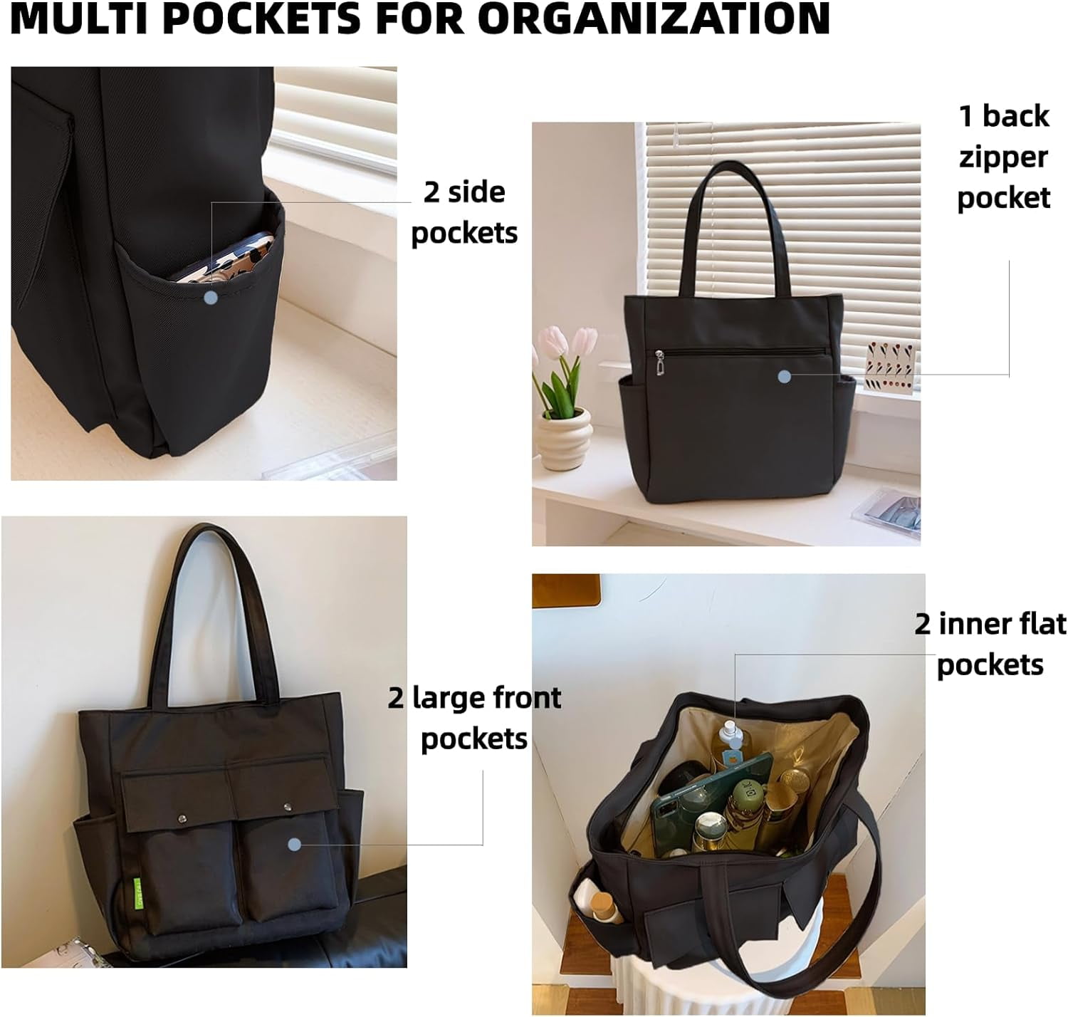 Women Multi Pockets Zipper Waterproof Lightweight Tote Bag Casual Large Shoulder Handbags Cute Canvas College Totes