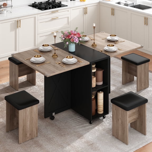 Blotout 5 PCS Farmhouse Dining Table Set for 4, 60'' Large Folding Dining Table Set with 4 Leather Chairs,6 Wheels, Drop Leaf Foldable Kitchen Table with 2-Layer Storage Shelf for Small Spaces, Grey