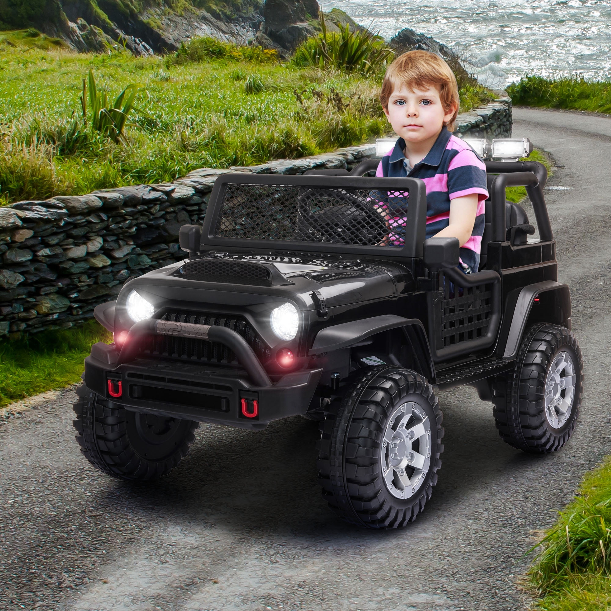 TOBBI 12V Kids Ride on Car, Jeep Car with Remote Control, LED Lights, Music, Horn, Bluetooth, Spring Suspension, Rocking, Black