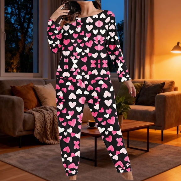 Valentine's Pajamas for Women Heart Printed Long Sleeved Top Pants Casual Home Wear Pajama Sets