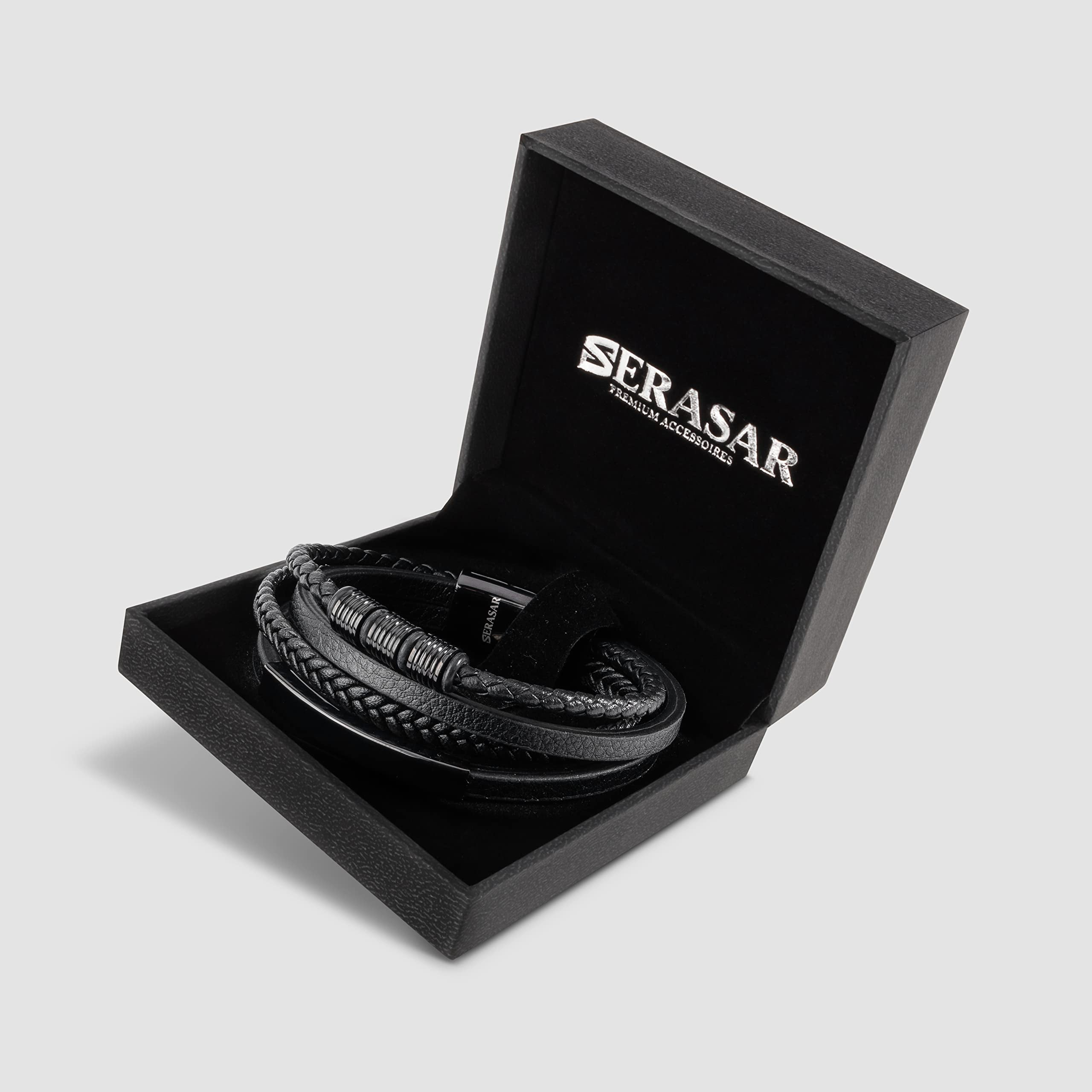 SERASAR Leather Bracelet for Men "Brave" with stainless steel magnetic closure, Black 17cm, including gift box
