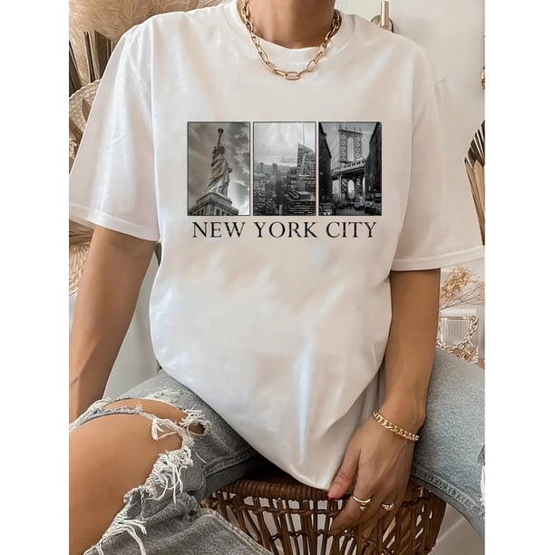 Vintage New York City Graphic Tee, Women's Polyester Crew Neck T-Shirt with Geometric Pattern, Casual Short Sleeve Knit Fabric Top for Summer