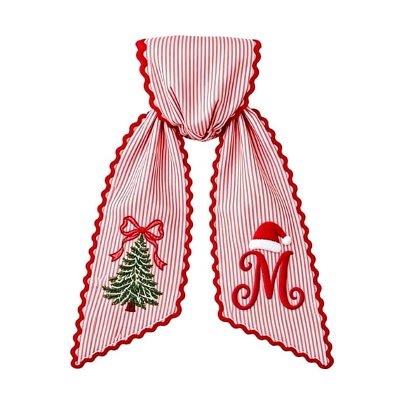 Christmas Wreath Sash Bow Red White Striped Fabric with Embroidery Letter for Front Door Decor