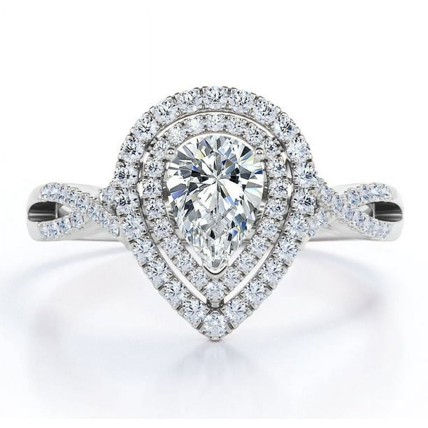 JeenMata Anillo de Compromiso de Estilo Cruzado con Halo Doble en Forma de Almendra de 1,5 Quilates en Baño de Oro Blanco de 18 K sobre Plata