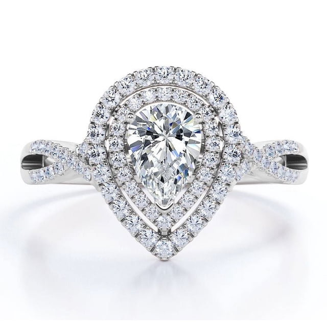 JeenMata Anillo de Compromiso de Estilo Cruzado con Halo Doble en Forma de Almendra de 1,5 Quilates en Baño de Oro Blanco de 18 K sobre Plata