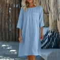 thumbnail image 2 of Liquidation d'Été 2025! Robe Grande Taille pour Femmes, Liquidation de Robe d'Été pour Femmes, Mode Décontractée d'Été pour Femmes Col Rond Manches 3/4 Robes de Plage Unies avec Poches, 2 of 5